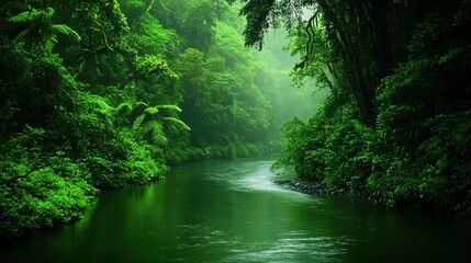 Obraz premium A captivating view of a serene river winding through a misty rainforest, with dense greenery and towering trees creating a lush canopy, Rainforest river scene