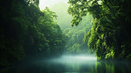 Obraz premium A captivating view of a serene river winding through a misty rainforest, with dense greenery and towering trees creating a lush canopy, Rainforest river scene