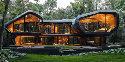 Fototapeta premium Modern, futuristic home with unique, flowing design and large windows.
