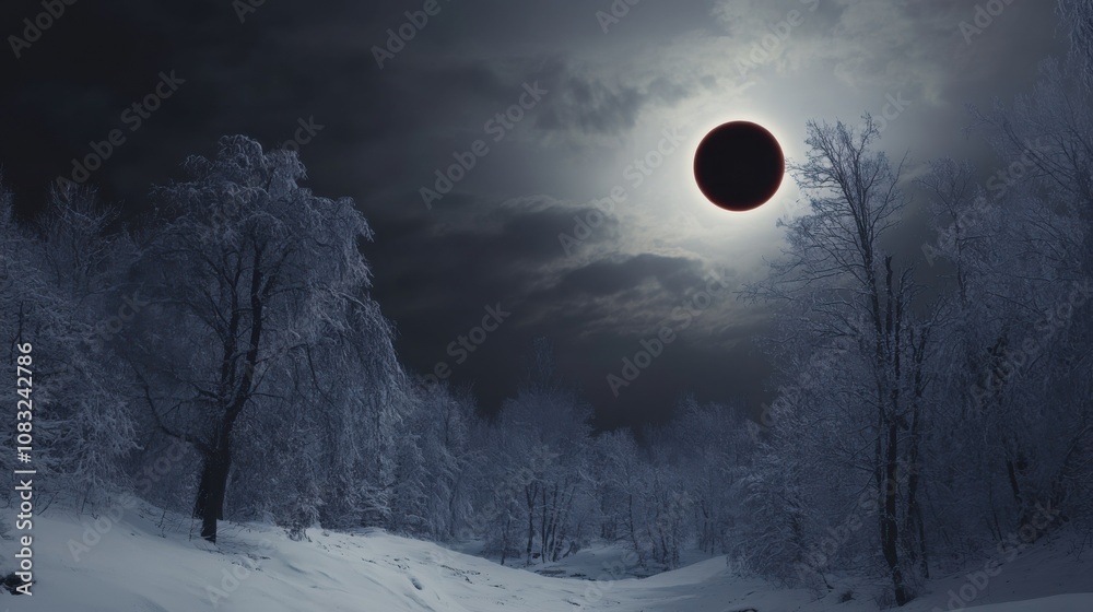 Poster a captivating view of a total eclipse of the sun seen from a snow-covered forest, with the darkened 