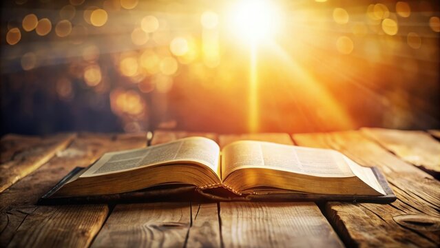 A well-worn bible rests open on a rustic wooden table, bathed in the warm glow of the setting sun.