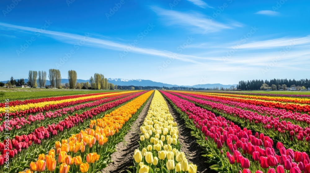 Poster A captivating view of a vibrant tulip field in full bloom under a clear blue sky, with rows of colorful flowers stretching to the horizon, Tulip field scene
