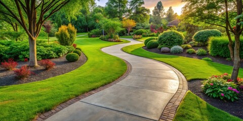 Obraz premium A winding stone pathway meanders through a lush, manicured garden with vibrant green lawns, flowering shrubs, and towering trees.