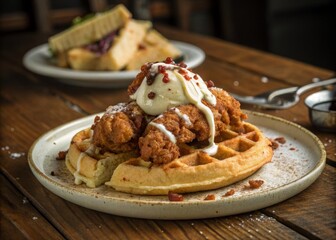 Delicious Chicken Fry on Waffle with Creamy Mayo - A Perfect Southern Comfort Meal, Crispy Fried Chicken, Golden Waffles, and Savory Sauce for Food Lovers