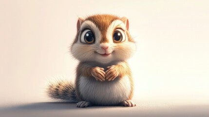 Fototapeta premium Adorable cartoon chipmunk character posing sweetly with tiny paws held together isolated on a soft white background for marketing use.