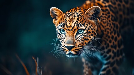 Obraz premium Leopard with striking eyes, poised in natural habitat, capturing wild beauty.