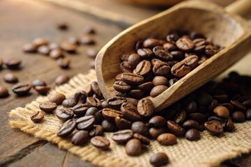 Fototapeta premium Freshly Roasted Coffee Beans in Tilt-Shift Photography with Wooden Scoop, Rich Aroma, Dark Colors, Inviting Scene, Coffee Lovers, Gourmet Coffee, Coffee Beans, Organic Coffee