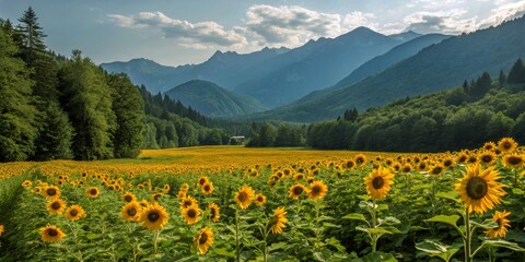 Fototapeta premium Vibrant Sunflower Field with Dense Forest and Mountain Backdrop - Nature's Breathtaking Landscape