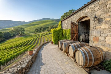 Obraz premium Aerial View of Rustic Wine Barrels Outside Historic Wine Cellar Surrounded by Lush Vineyards and Scenic Landscape