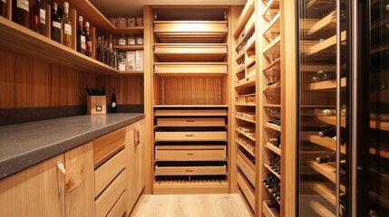 Obraz premium Efficient stock cupboard for small spaces, adjustable shelves, pull-out racks, maximum use of vertical space 