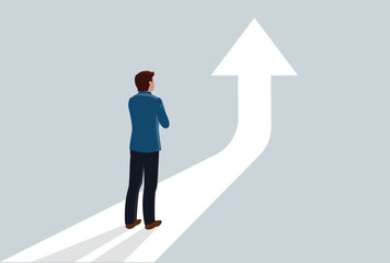 Business success to the next level concept. Businessman standing in front of arrow symbol illustration, challenge to become better and achieve success, vision to see next goal, motivation to succeed.
