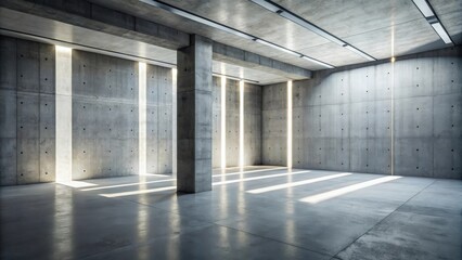 Obraz premium An Empty Concrete Room with Narrow Beams of Sunlight Streaming Through Openings in the Walls