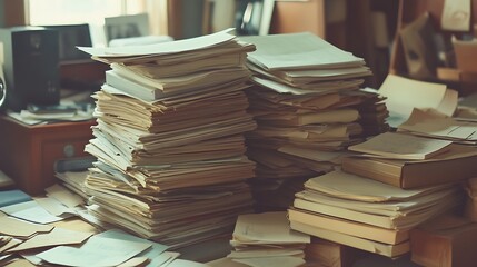 Fototapeta premium A professional stock photo of a neatly stacked pile of papers on a work desk perfect for office or business themes.