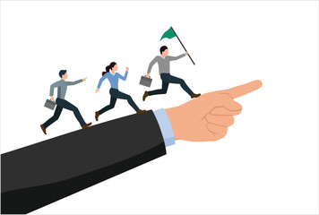 Obraz premium Leadership to lead team members, business direction to achieve goal or target, teamwork to success in work, businessman leader holding winner flag running lead business people on pointing finger.
