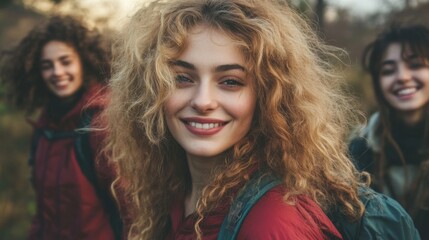Obraz premium Curly-haired woman hiking with smiling friends