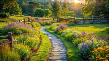 Fototapeta premium A stone path winds through a lush meadow with blooming wildflowers, surrounded by a wooden fence and bathed in the warm glow of the setting sun.