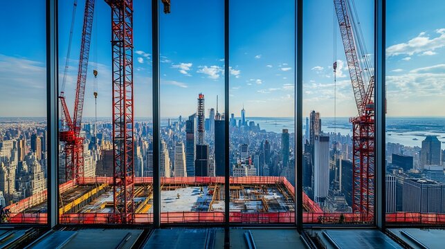 Fototapeta A panoramic view of New York City from a high-rise building under construction, seen through glass windows with red construction cranes on either side.