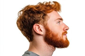 Obraz premium Profile view of a man with curly red hair and beard on white isolated background.