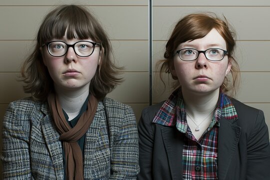 Two women wearing glasses and plaid shirts are sitting next to each other