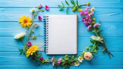 A blank notebook surrounded by a vibrant floral frame, set against a backdrop of weathered blue wood, inviting the viewer to write down their thoughts and dreams.
