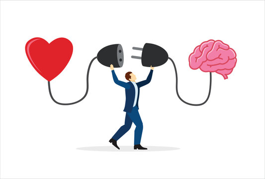 Emotional Intelligence, EI or control feeling and emotion with logical thinking brain, empathy or social skill, self control or balance concept, man connect heart feeling with logical thinking brain.
