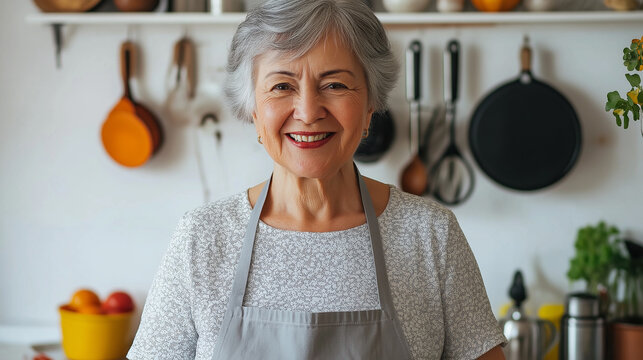 Happy senior woman smiling in kitchen wearing apron