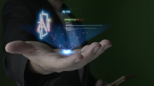 Businessman presents cutting-edge AI technology, showing glowing AI logo floating above an open hand, surrounded by digital data and symbols, symbolizing artificial intelligence technology.