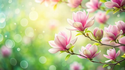 Obraz premium Delicate Pink Magnolia Blossoms Bathed in Soft Sunlight, Against a Blurred Green Background with Sparkling Lights