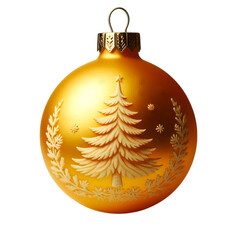 Isolated golden Christmas ball with Christmas tree embossed on the surface on transparent background 