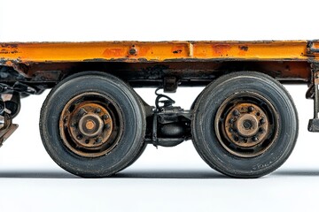Detailed view of worn-out truck wheels on a flatbed trailer highlighting rust and wear in a studio setting. Generative AI