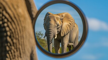 Surreal composition of an elephant reflected closely in a concave mirror, with the real elephant visible in the scene. A conceptual exploration of optics, symmetry, and perspective in wildlife and art