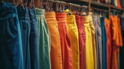 Colorful pants and shirts displayed in a stylish modern boutique