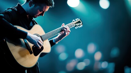 Obraz premium A guitarist performing passionately on stage at a concert.