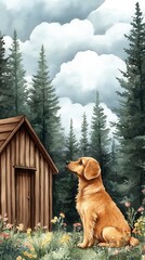 Golden Retriever sitting by rustic wooden cabin in lush evergreen forest with cloudy sky, wildflowers, and serene nature setting, perfect for nature lovers and pet enthusiasts