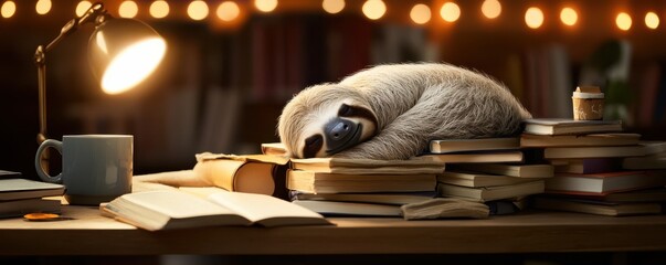 Naklejka premium A peaceful sloth sleeping on stacks of books in cozy ambiance.