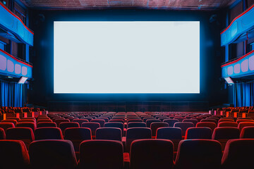 empty cinema auditorium with mockup white blank screen