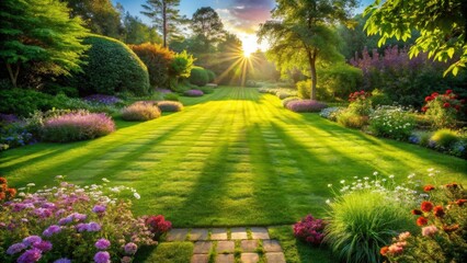 Fototapeta premium A sunlit garden path leads through a lush green lawn bordered by vibrant flowerbeds, creating a peaceful and picturesque scene.