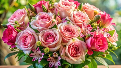 Naklejka premium A bouquet of pink roses and other flowers, arranged in a vase, showcases the beauty of nature's delicate blooms.