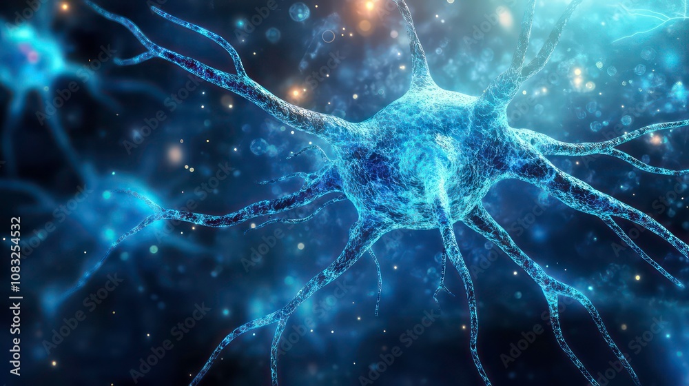 Poster a detailed microscopic view of a neuron cell, showcasing its intricate structure and complex network