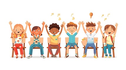 Fototapeta premium A group of happy children sitting on chairs, raising their hands in excitement, likely during a fun activity.
