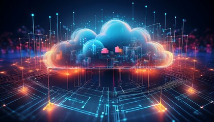 Fototapeta premium Futuristic network of cloud computing and blockchain technology - A vibrant 3d polygonal illustration