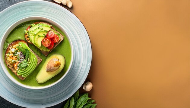 Vegetarian healthy food. Soup and vegan sandwiches. Different sandwiches with avocado