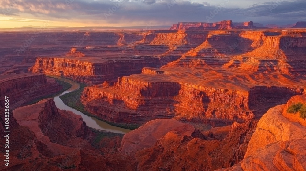 Aufkleber a mesmerizing view of a canyon with red rock formations and a winding river at the bottom, bathed in