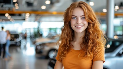 A cheerful young woman with vibrant curly red hair stands confidently in a car dealership. She is wearing a casual orange shirt and exudes positivity while surrounded by sleek vehicles. Copy space