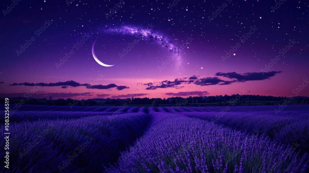 Poster a mesmerizing view of a lavender field at twilight, with rows of purple flowers under a sky filled w