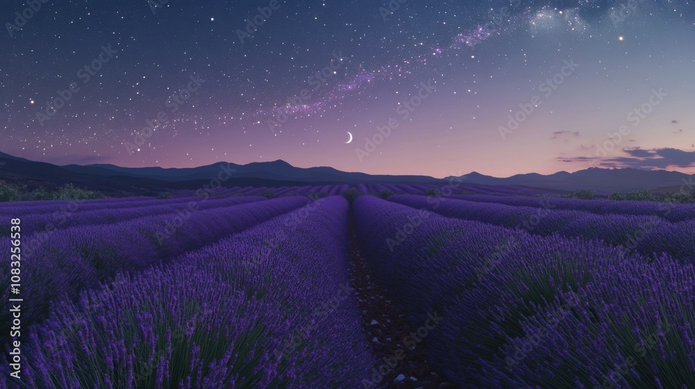 Poster a mesmerizing view of a lavender field at twilight, with rows of purple flowers under a sky filled w
