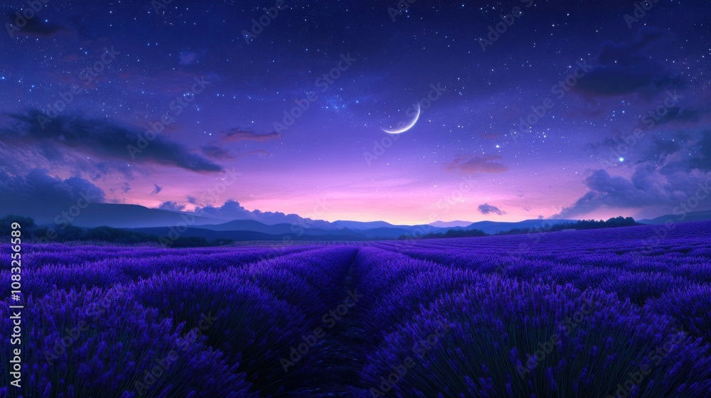 Poster a mesmerizing view of a lavender field at twilight, with rows of purple flowers under a sky filled w