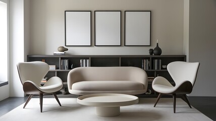 A modern living room with a neutral color palette.  three blank black frames are hung in a vertical arrangement.