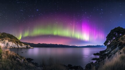 A mesmerizing view of the Aurora Australis over the fjords of New Zealand's South Island, Polar scene, Ethereal style