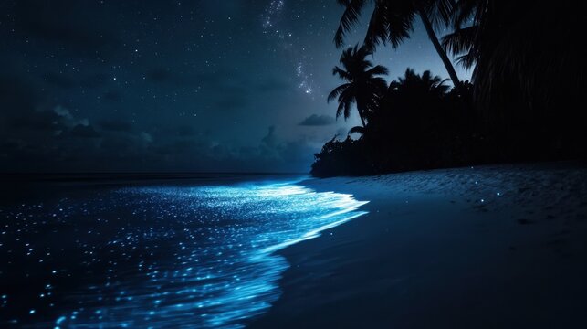 A mesmerizing view of the bioluminescent beaches in Vaadhoo Island, Maldives, Coastal scene
